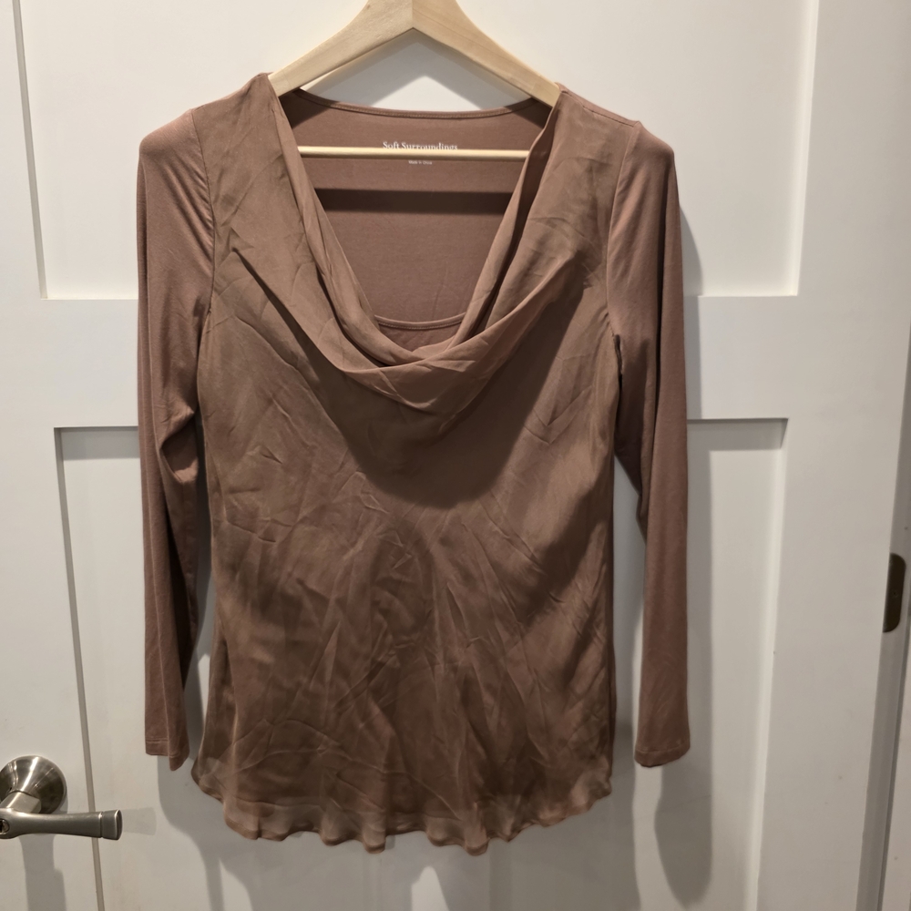 Soft Surroundings Nikkita Top Women Small Brown Silk Blend Flowy Long Sleeve